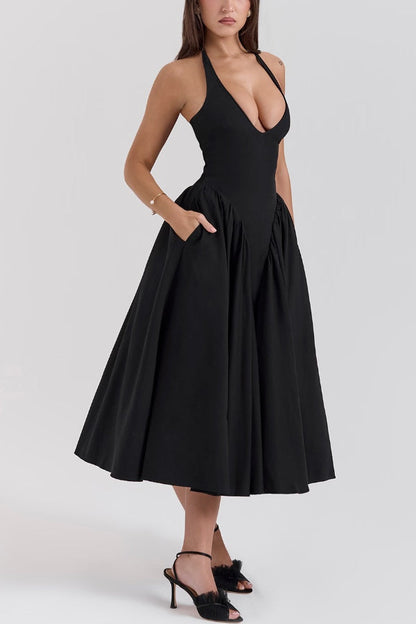 Solid Halter Deep V Neck A-Line Midi Dresses