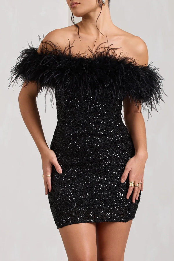 Slim-fit Strapless Feather Sequin Mini Dress