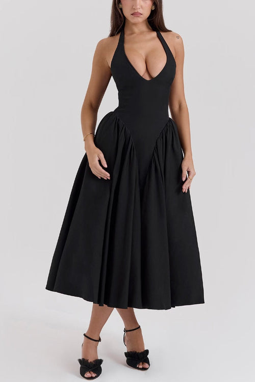 Solid Halter Deep V Neck A-Line Midi Dresses