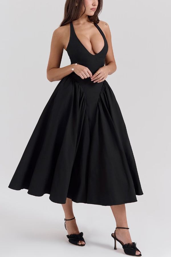 Solid Halter Deep V Neck A-Line Midi Dresses