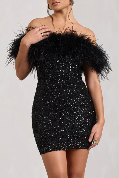 Slim-fit Strapless Feather Sequin Mini Dress