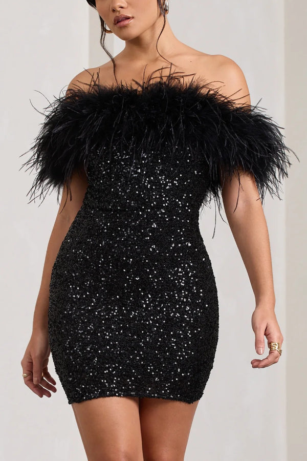 Slim-fit Strapless Feather Sequin Mini Dress