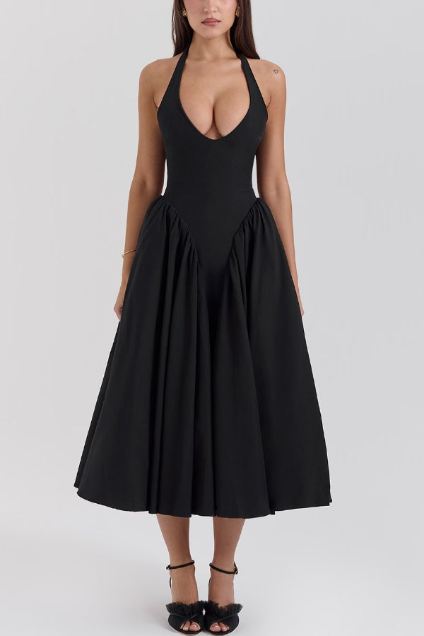 Solid Halter Deep V Neck A-Line Midi Dresses