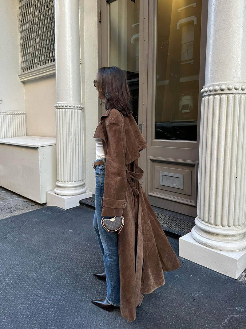 Elegant Faux Suede Belted Trench