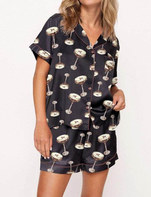 Espresso Martini Satin Pajama Short Set For Women