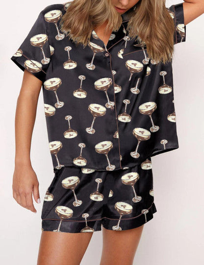 Espresso Martini Satin Pajama Short Set For Women