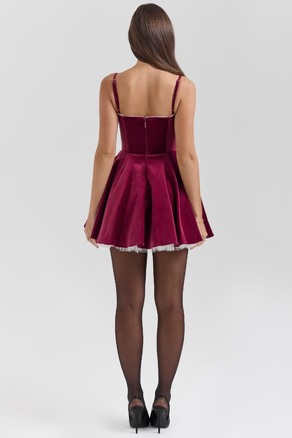 LUNA VELVET MINI DRESS - BURGUNDY