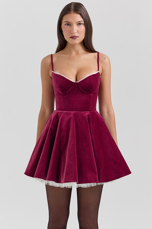 LUNA VELVET MINI DRESS - BURGUNDY